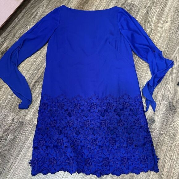 Tahari Royal Blue Long Tie Sleeve Floral Dress - Picture 1 of 7